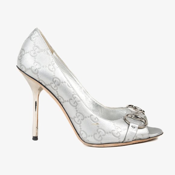 Gucci Guccisimma Silver Horsebit Metal Heel Open-Toe Pump, Size 7.5 - Picture 1 of 11